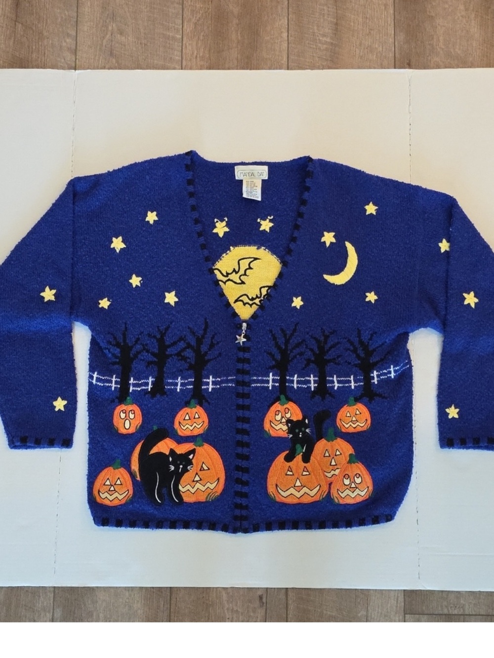 Mandal Bay Vintage 90s Halloween Zip Knit Cardigan Pumpkin Black Cat Bats XL - Picture 4 of 9